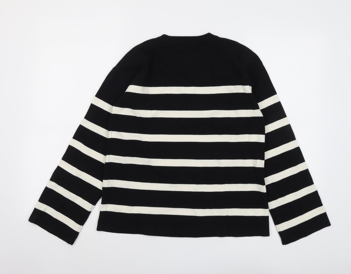 Marks and Spencer Womens Black Round Neck Striped Cotton Pullover Jumper Size M