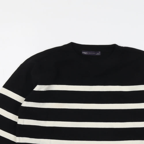 Marks and Spencer Womens Black Round Neck Striped Cotton Pullover Jumper Size M