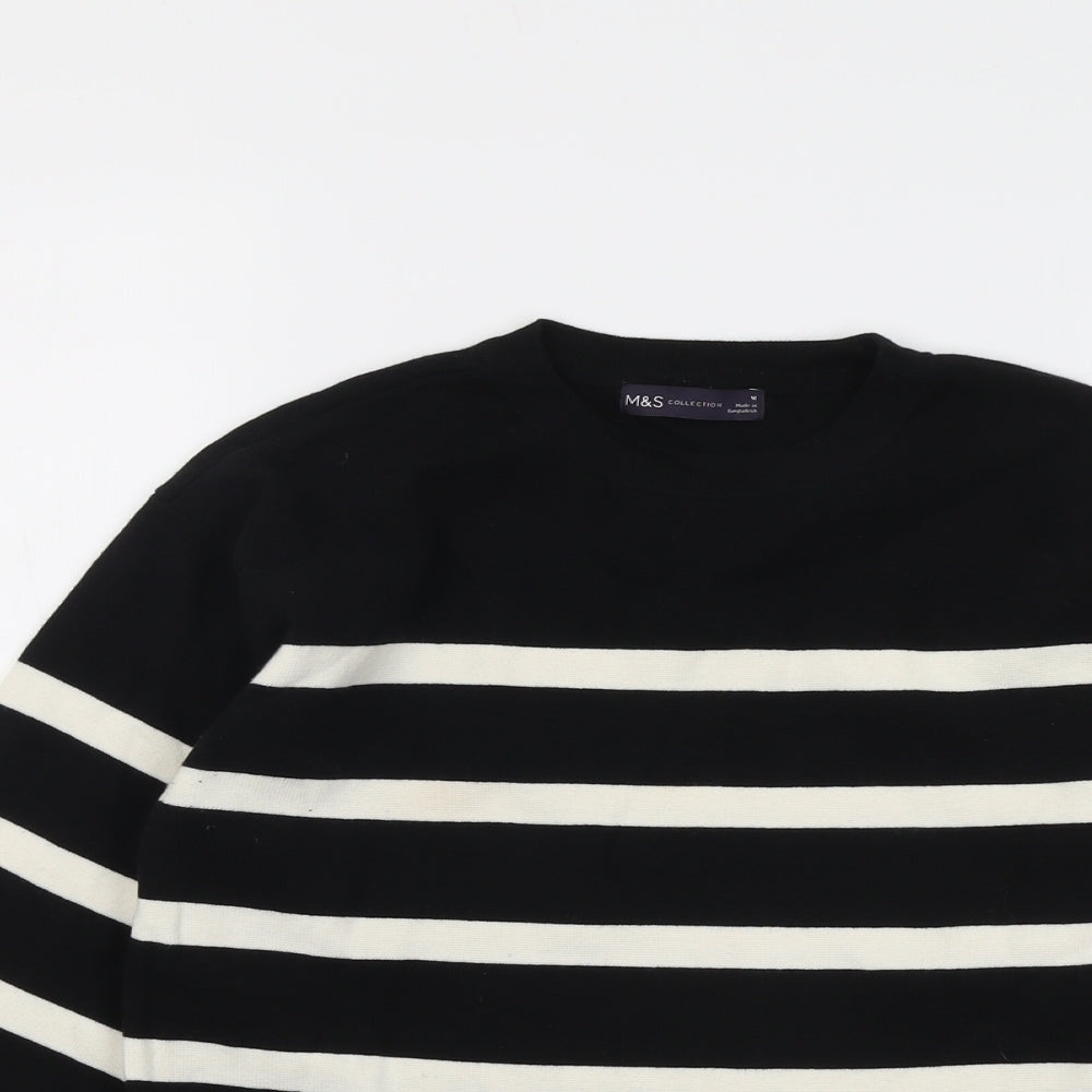 Marks and Spencer Womens Black Round Neck Striped Cotton Pullover Jumper Size M