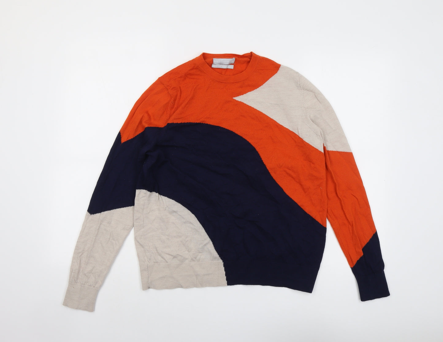 Marks and Spencer Womens Multicoloured Round Neck Geometric Wool Pullover Jumper Size 14