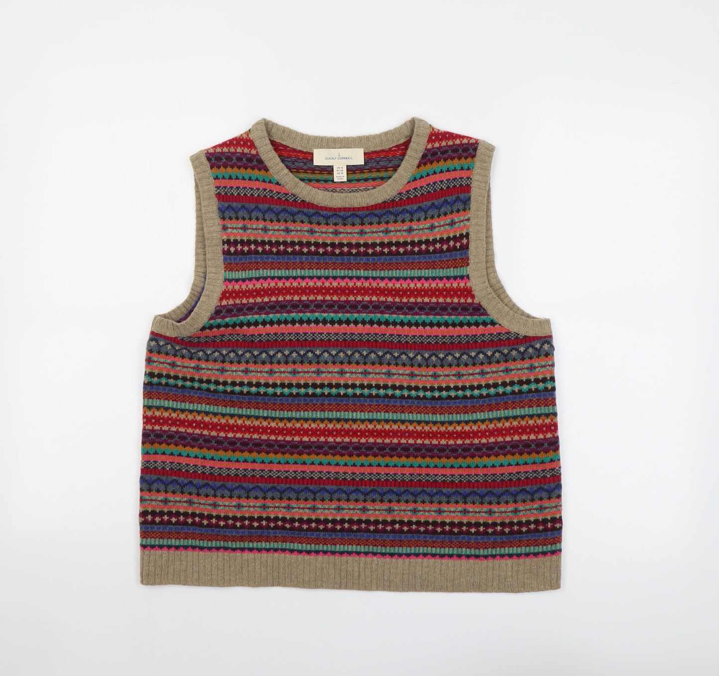 Seasalt Womens Multicoloured Round Neck Geometric Wool Vest Jumper Size 14