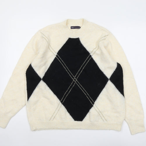 Marks and Spencer Womens Ivory Round Neck Argyle/Diamond Acrylic Pullover Jumper Size L