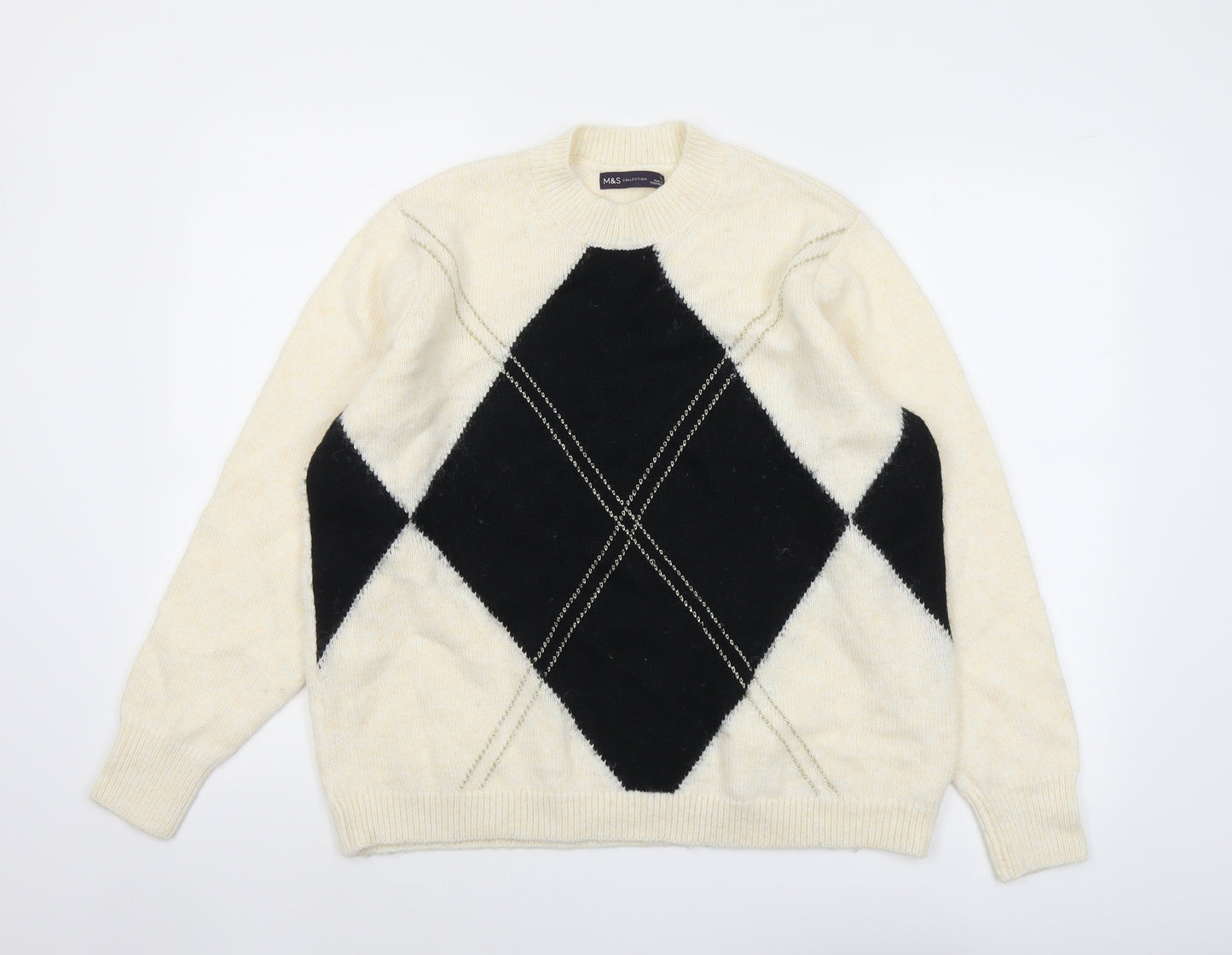 Marks and Spencer Womens Ivory Round Neck Argyle/Diamond Acrylic Pullover Jumper Size L