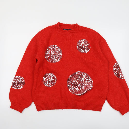 Marks and Spencer Womens Red Round Neck Geometric Acrylic Pullover Jumper Size M