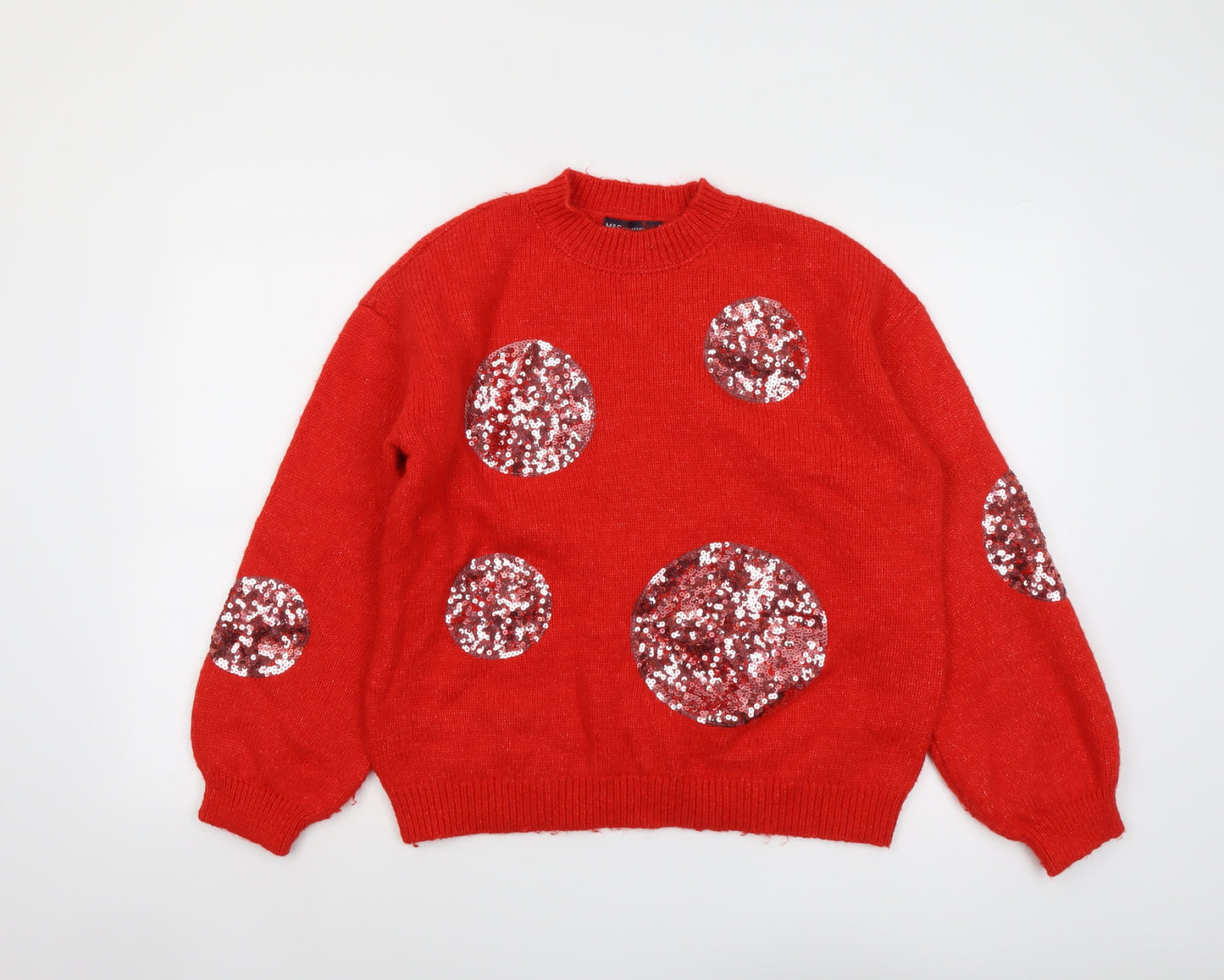 Marks and Spencer Womens Red Round Neck Geometric Acrylic Pullover Jumper Size M