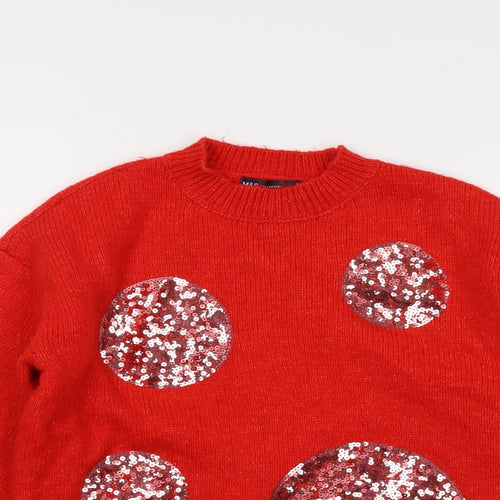 Marks and Spencer Womens Red Round Neck Geometric Acrylic Pullover Jumper Size M