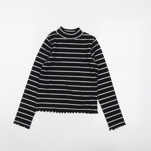 Marks and Spencer Girls Black Striped Cotton Basic T-Shirt Size 8-9 Years Mock Neck Pullover
