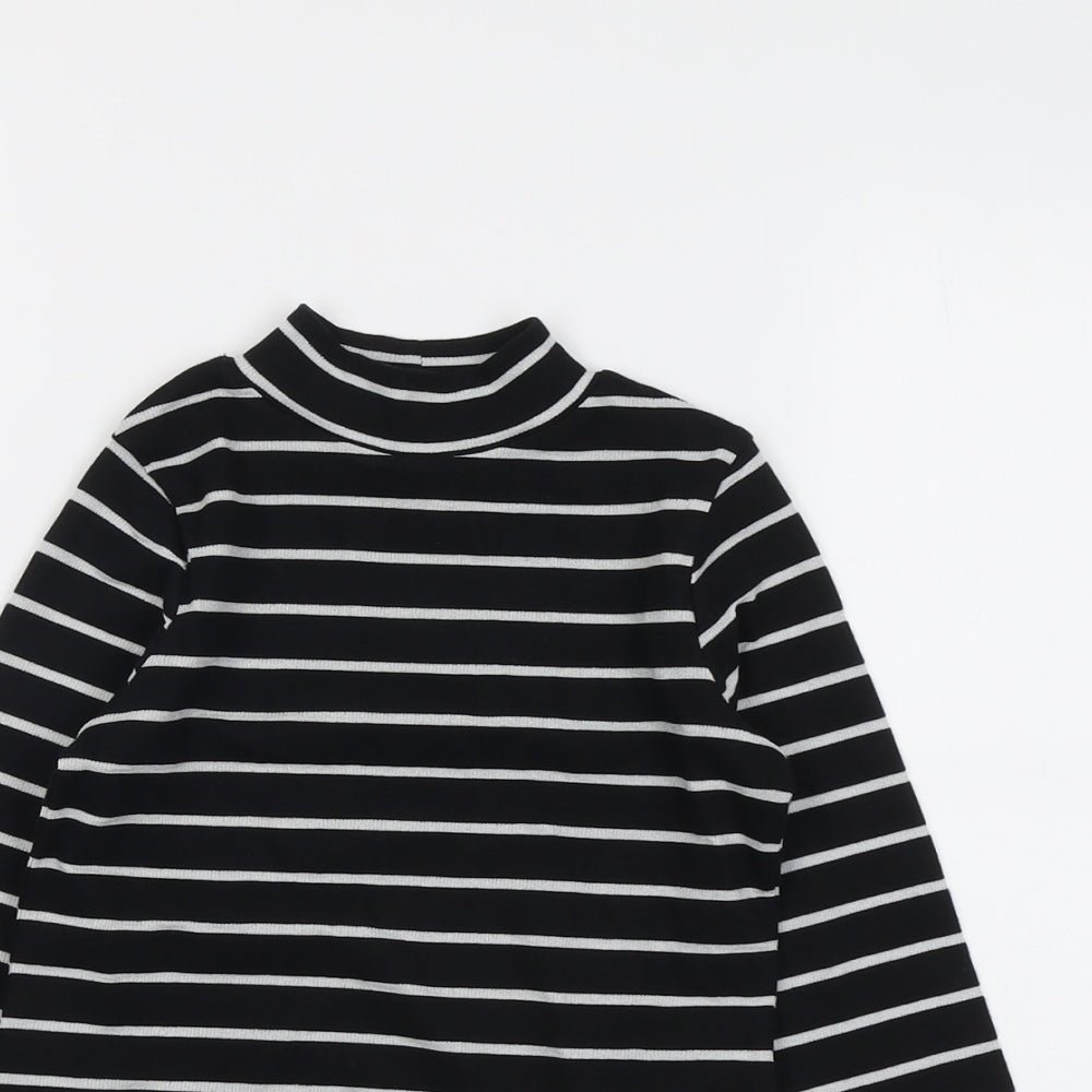 Marks and Spencer Girls Black Striped Cotton Basic T-Shirt Size 8-9 Years Mock Neck Pullover