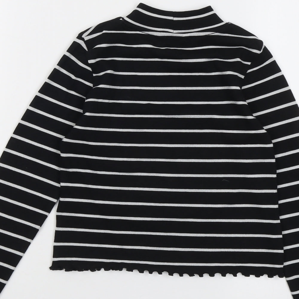 Marks and Spencer Girls Black Striped Cotton Basic T-Shirt Size 8-9 Years Mock Neck Pullover