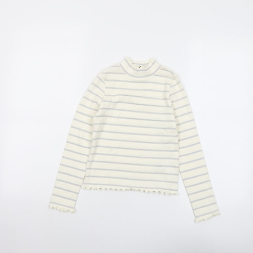 Marks and Spencer Girls Ivory Striped Cotton Basic T-Shirt Size 8-9 Years Mock Neck Pullover