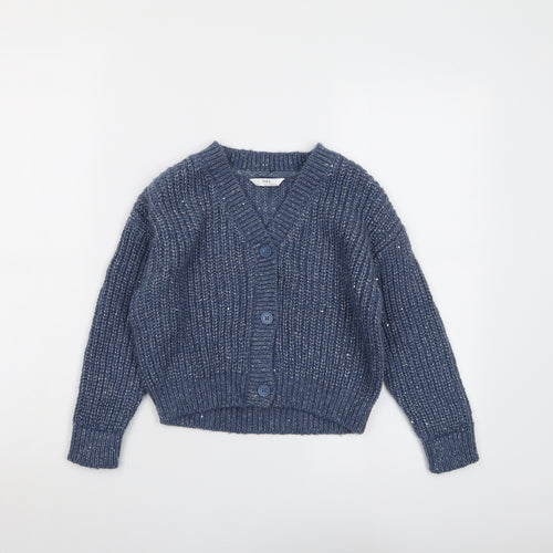 Marks and Spencer Girls Blue V-Neck Acrylic Cardigan Jumper Size 7-8 Years Button