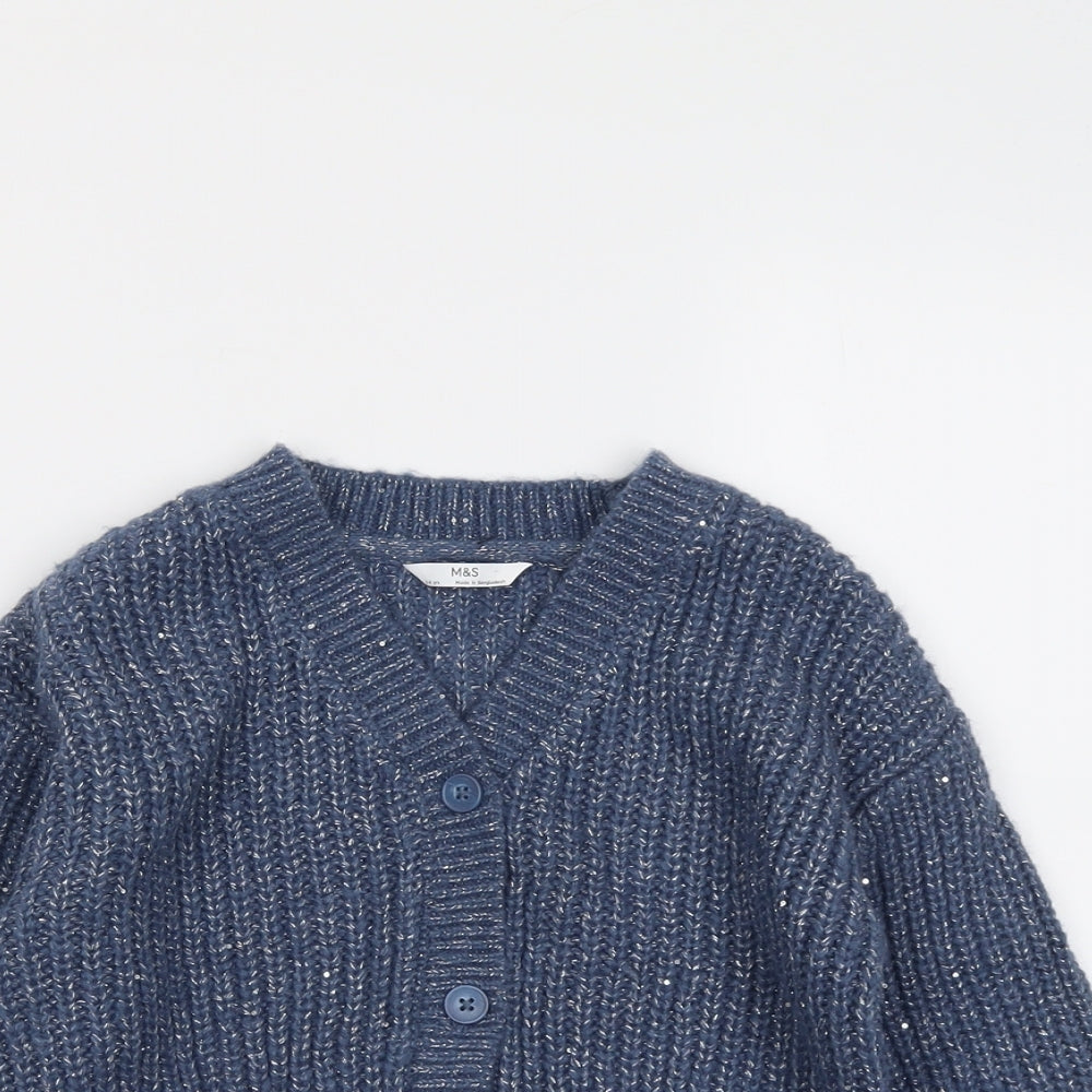 Marks and Spencer Girls Blue V-Neck Acrylic Cardigan Jumper Size 7-8 Years Button