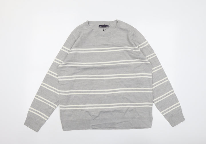 Marks and Spencer Womens Grey Round Neck Striped Acrylic Pullover Jumper Size 16