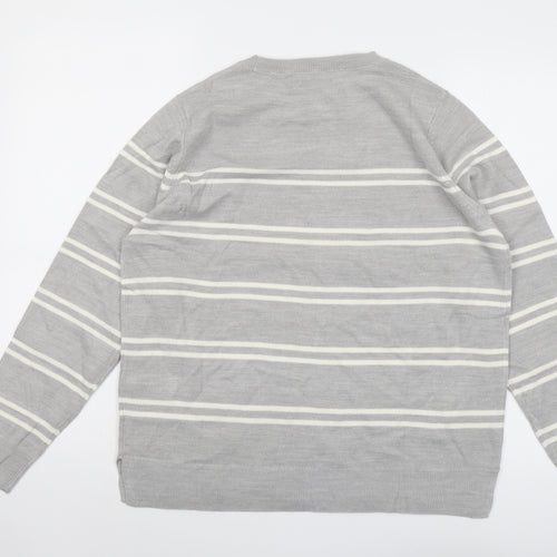 Marks and Spencer Womens Grey Round Neck Striped Acrylic Pullover Jumper Size 16