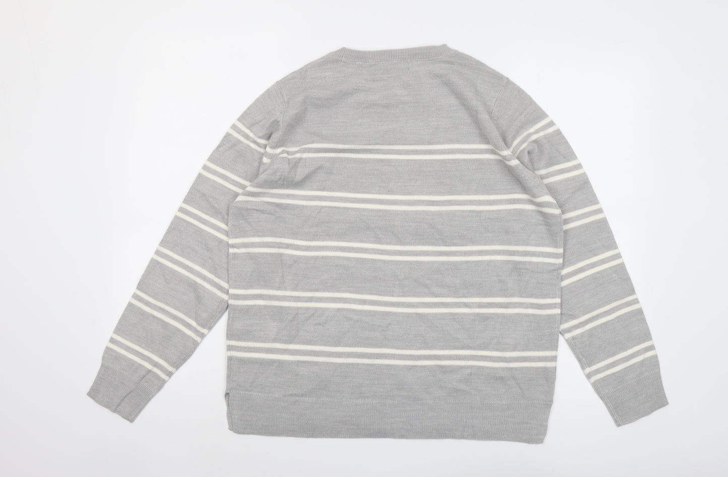 Marks and Spencer Womens Grey Round Neck Striped Acrylic Pullover Jumper Size 16
