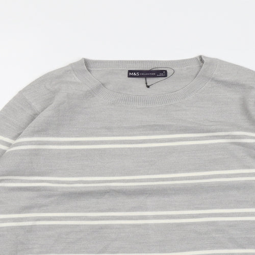 Marks and Spencer Womens Grey Round Neck Striped Acrylic Pullover Jumper Size 16