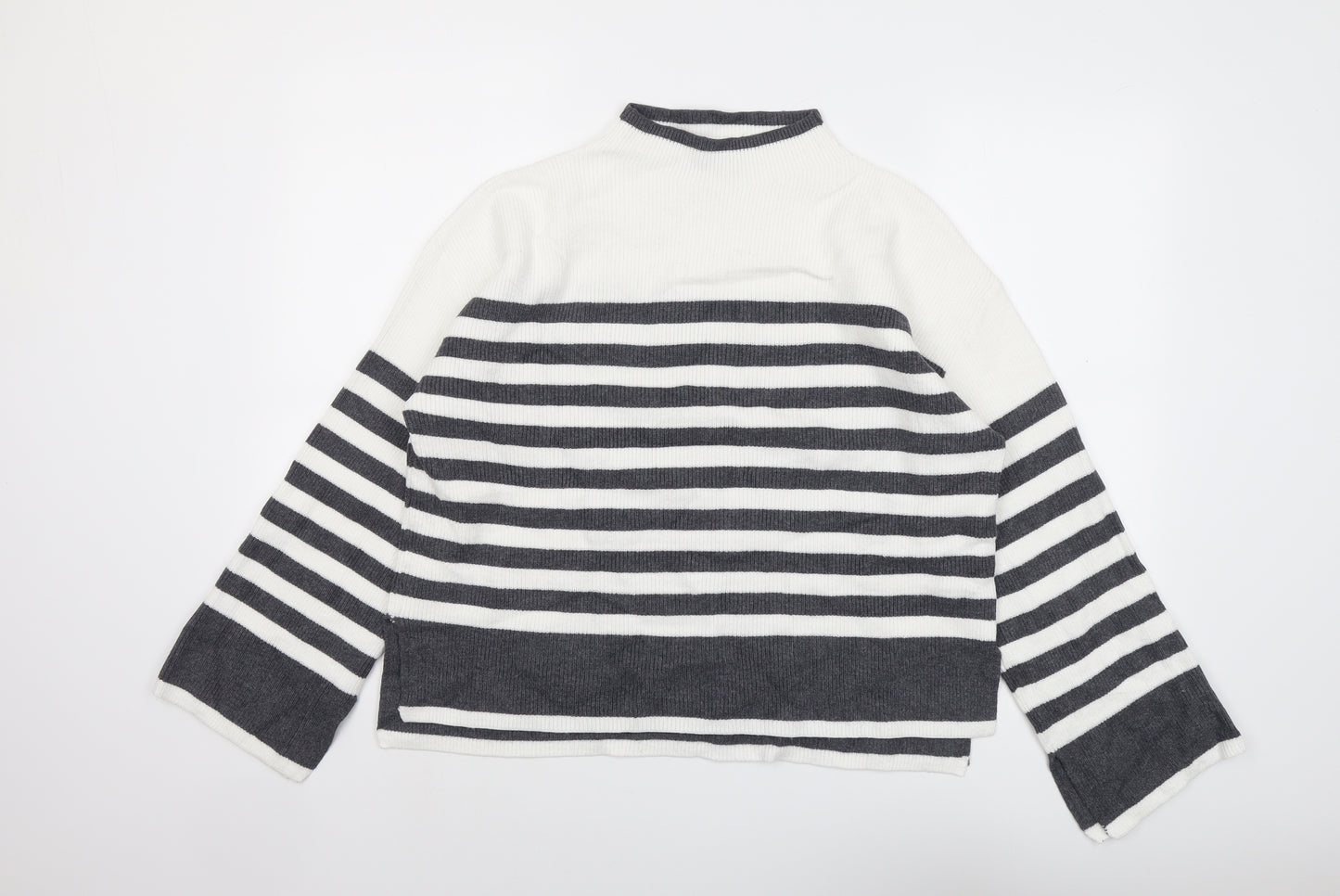 Marks and Spencer Womens Grey Round Neck Striped Viscose Pullover Jumper Size L