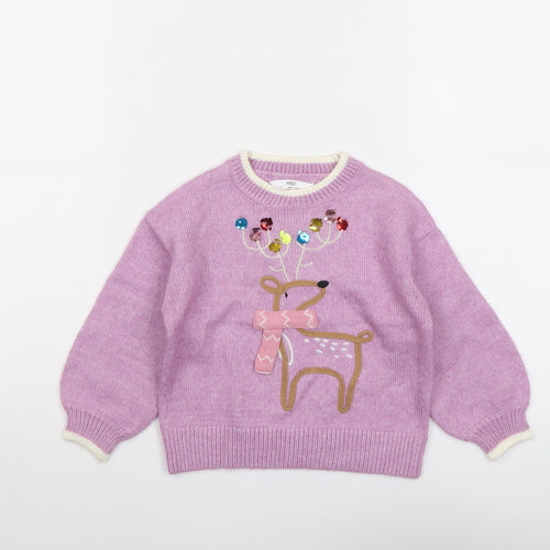 Marks and Spencer Girls Purple Round Neck Polyester Pullover Jumper Size 2-3 Years Pullover - Reindeer