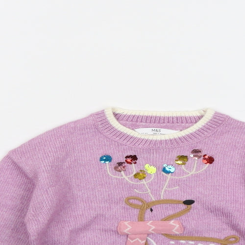 Marks and Spencer Girls Purple Round Neck Polyester Pullover Jumper Size 2-3 Years Pullover - Reindeer