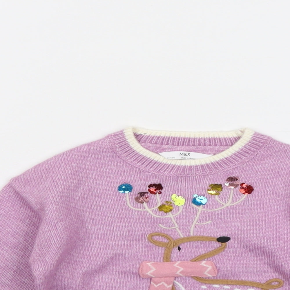 Marks and Spencer Girls Purple Round Neck Polyester Pullover Jumper Size 2-3 Years Pullover - Reindeer
