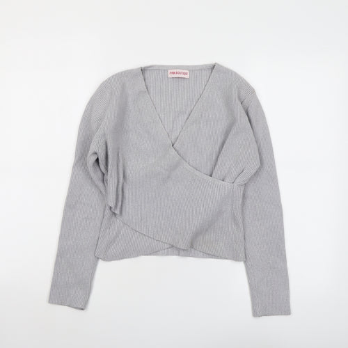 Pink Boutique Womens Grey V-Neck Acrylic Pullover Jumper Size M