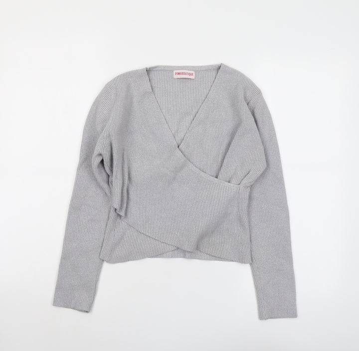 Pink Boutique Womens Grey V-Neck Acrylic Pullover Jumper Size M