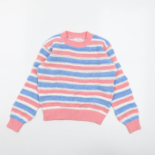 Marks and Spencer Girls Multicoloured Round Neck Striped Cotton Pullover Jumper Size 7-8 Years Pullover