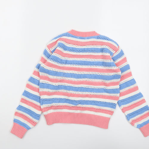 Marks and Spencer Girls Multicoloured Round Neck Striped Cotton Pullover Jumper Size 7-8 Years Pullover