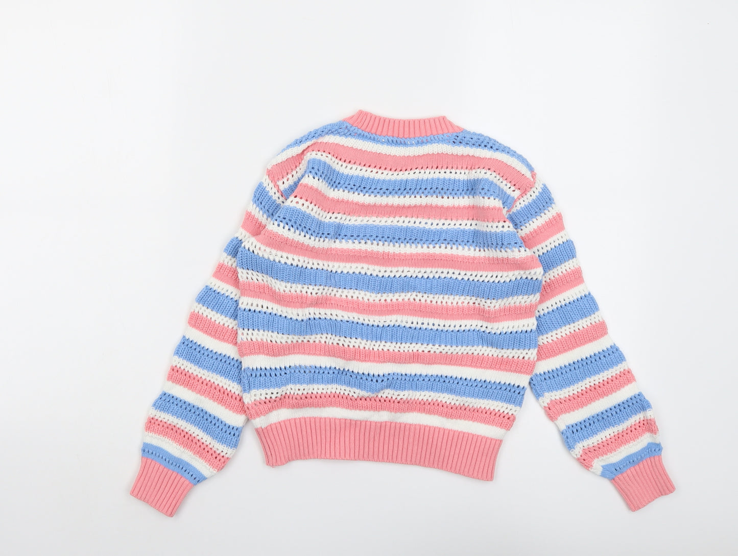 Marks and Spencer Girls Multicoloured Round Neck Striped Cotton Pullover Jumper Size 7-8 Years Pullover