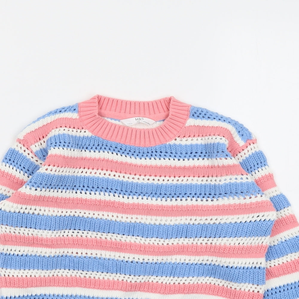 Marks and Spencer Girls Multicoloured Round Neck Striped Cotton Pullover Jumper Size 7-8 Years Pullover
