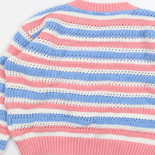 Marks and Spencer Girls Multicoloured Round Neck Striped Cotton Pullover Jumper Size 7-8 Years Pullover