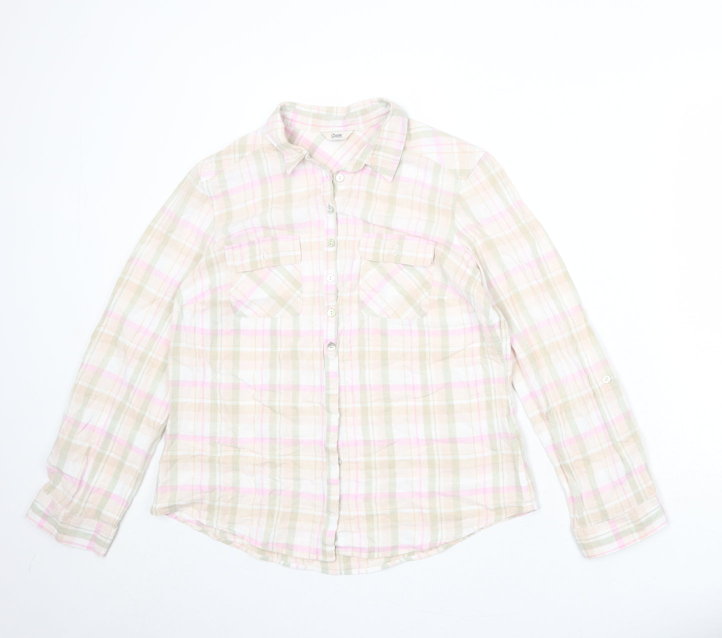 Classic Womens Multicoloured Plaid Linen Basic Button-Up Size 14 Collared