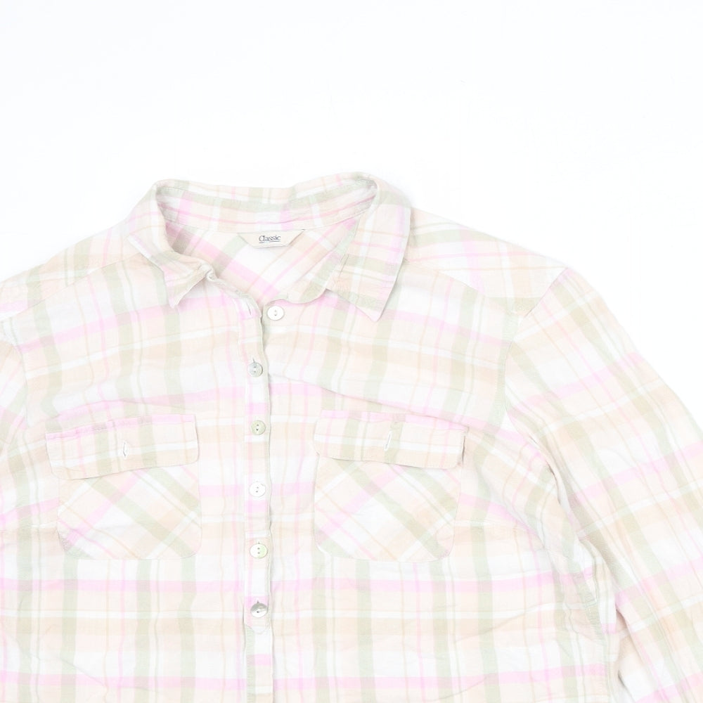 Classic Womens Multicoloured Plaid Linen Basic Button-Up Size 14 Collared