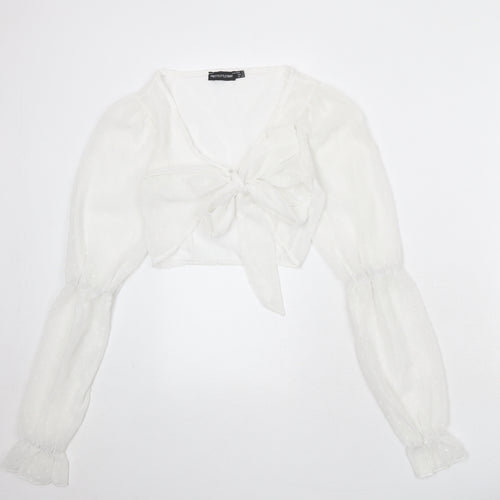PRETTYLITTLETHING Womens White Geometric Polyester Wrap Blouse Size 8 V-Neck