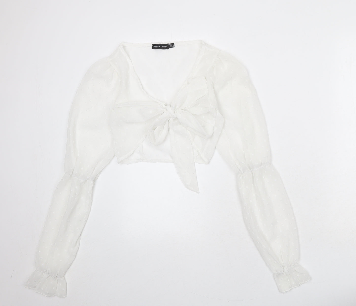 PRETTYLITTLETHING Womens White Geometric Polyester Wrap Blouse Size 8 V-Neck