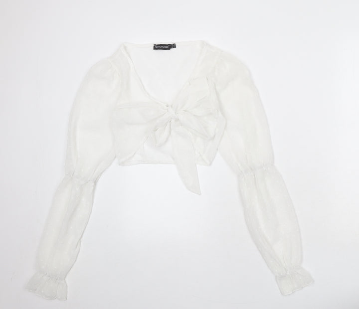 PRETTYLITTLETHING Womens White Geometric Polyester Wrap Blouse Size 8 V-Neck