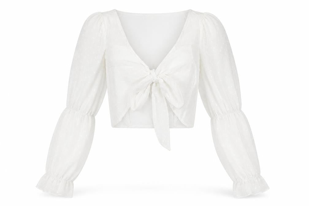 Front view of PRETTYLITTLETHING women’s white geometric polyester wrap blouse, size UK 8, v-neck