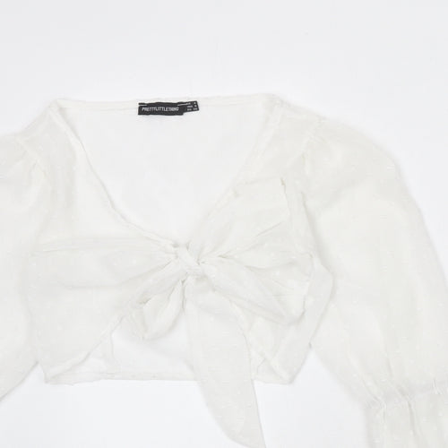 PRETTYLITTLETHING Womens White Geometric Polyester Wrap Blouse Size 8 V-Neck