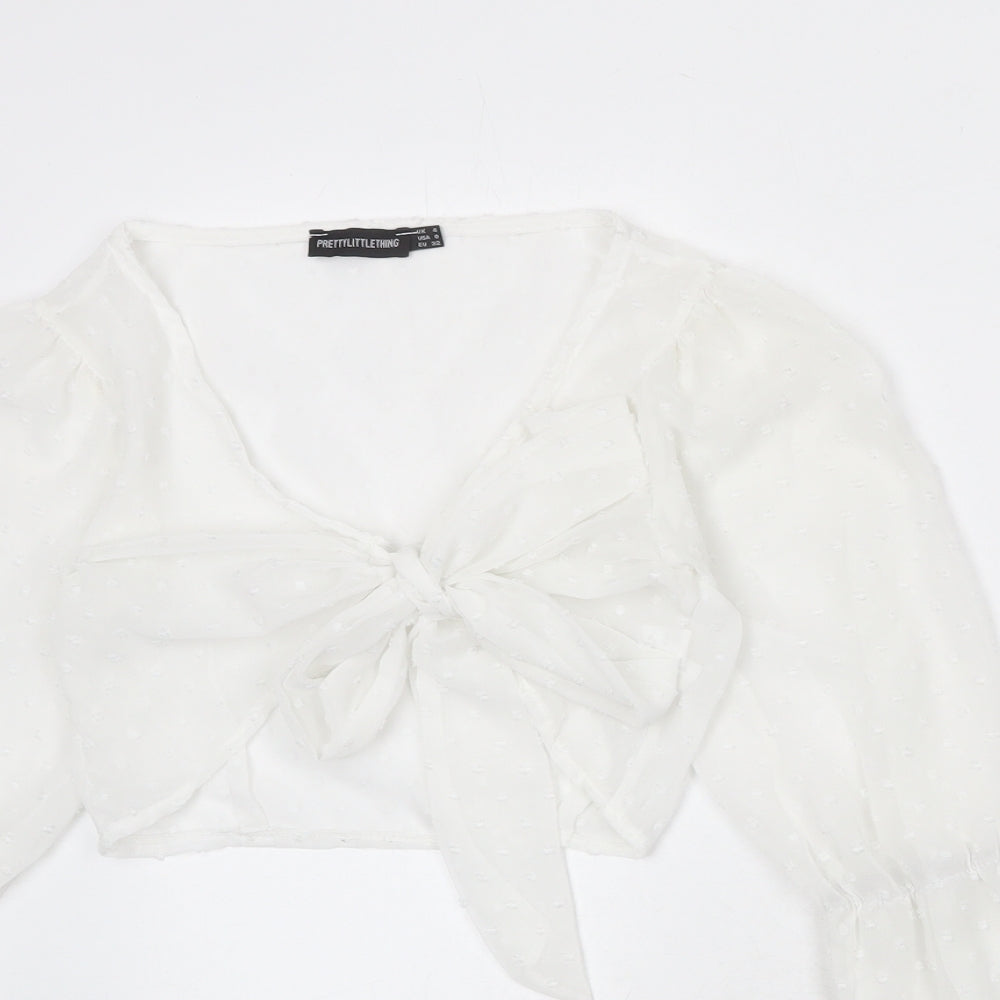 PRETTYLITTLETHING Womens White Geometric Polyester Wrap Blouse Size 8 V-Neck
