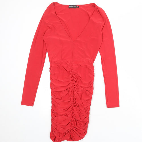 PRETTYLITTLETHING Womens Red Polyester Bodycon Size 8 V-Neck Pullover