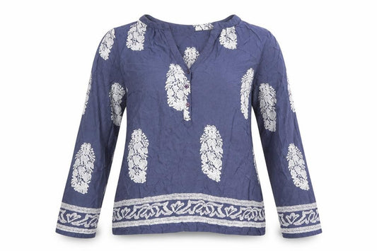 Front view of Saint Tropez women’s blue geometric viscose basic blouse, size S, v-neck