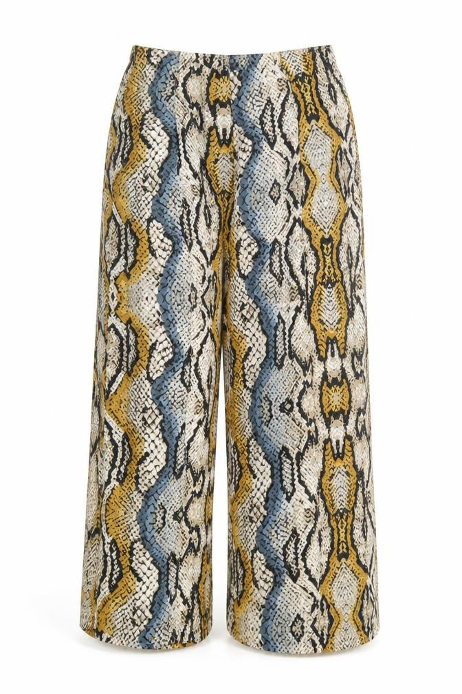 Front view of PRETTYLITTLETHING women’s multicoloured animal print polyester trousers, regular zip - snakeskin pattern