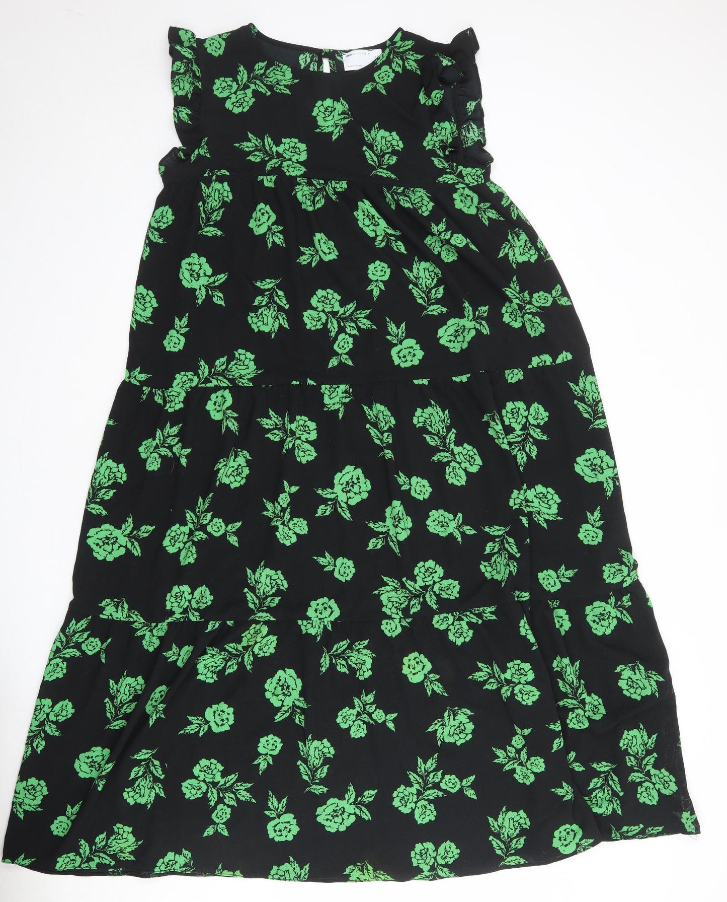 ASOS Womens Black Floral Polyester A-Line Size 12 Round Neck Button