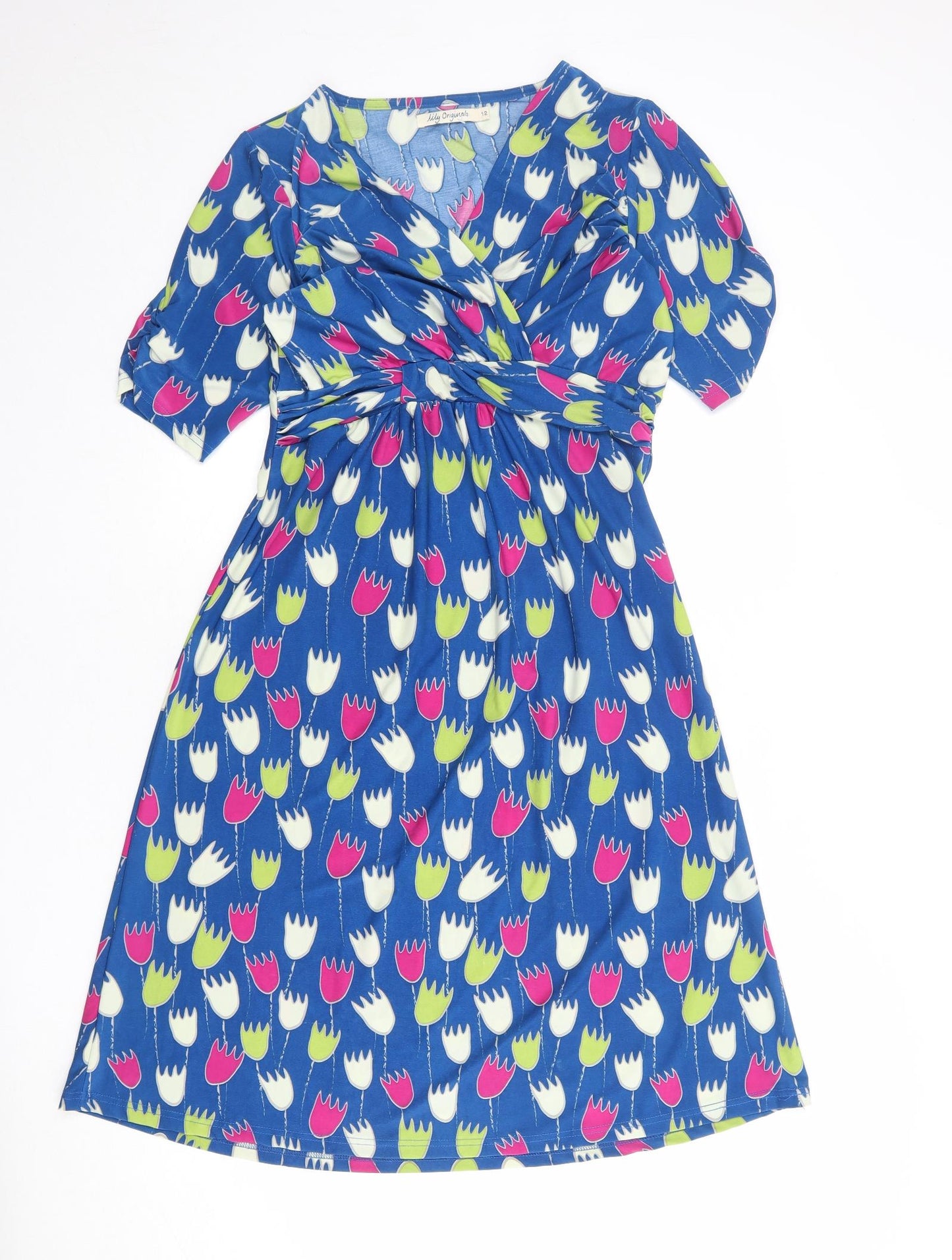 Lily Originals Womens Blue Geometric Polyester A-Line Size 12 V-Neck Pullover