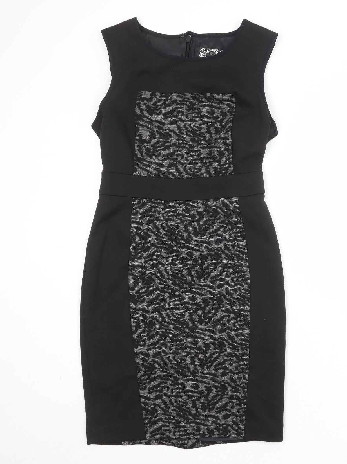 NEXT Womens Black Geometric Polyester Shift Size 8 Round Neck Zip