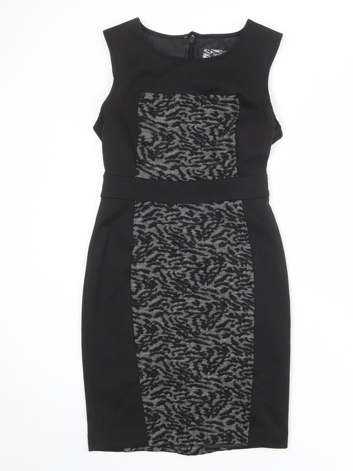 NEXT Womens Black Geometric Polyester Shift Size 8 Round Neck Zip