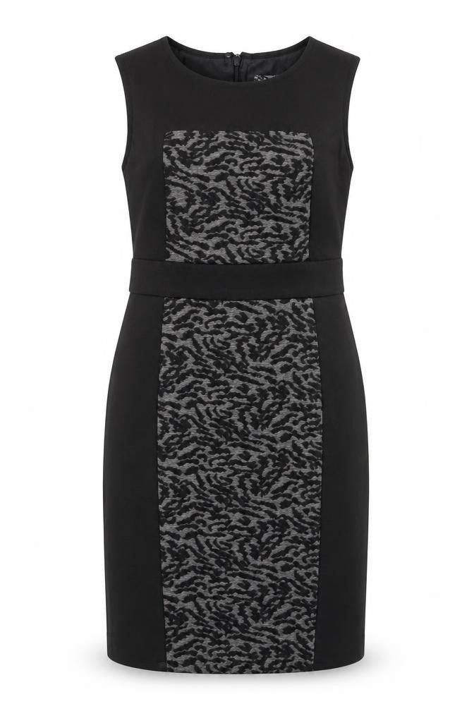 Front view of Next women’s black geometric polyester shift, size UK 8, round neck zip