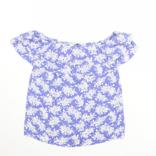 Oasis Womens Blue Floral Polyester Basic Blouse Size 8 Off the Shoulder