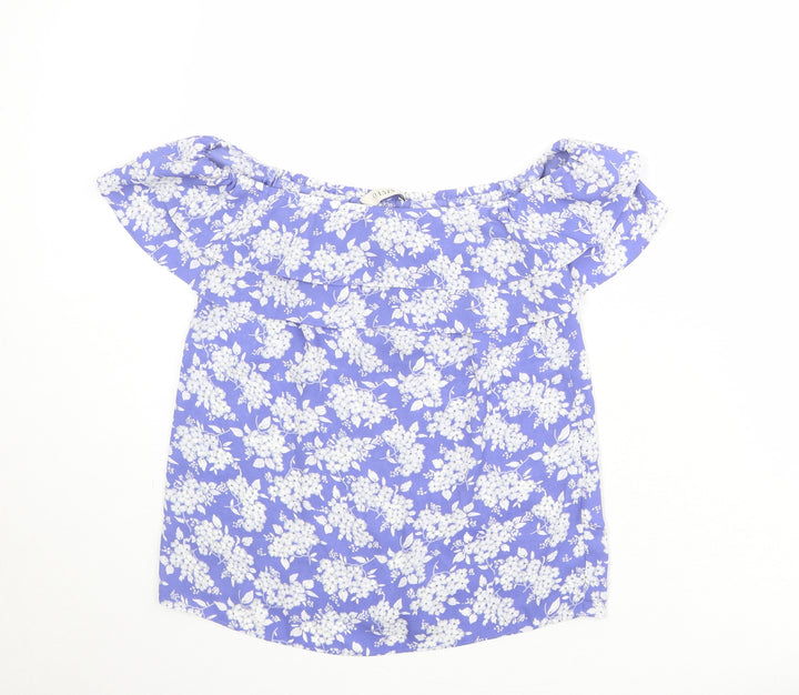 Oasis Womens Blue Floral Polyester Basic Blouse Size 8 Off the Shoulder