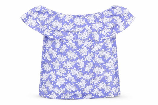 Front view of Oasis women’s blue floral polyester basic blouse, size UK 8, off the shoulder